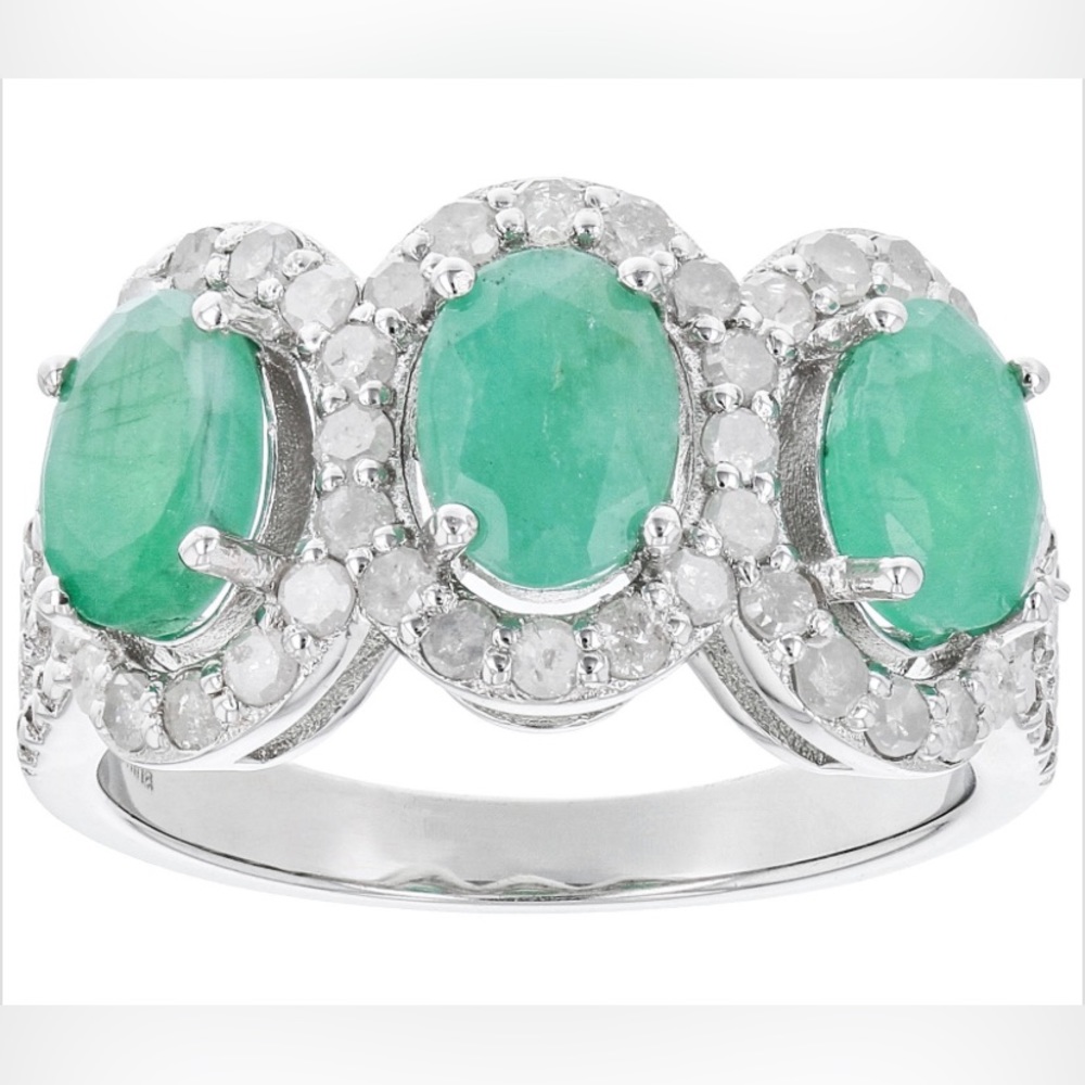 Emerald & White Diamond Rhodium Over Sterling Silver Ring Size 9